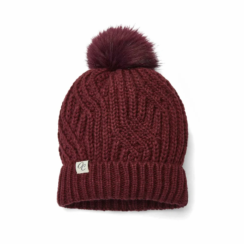 Only Curls Satin Lined Knitted Beanie Hat - Burgundy with Pom Pom