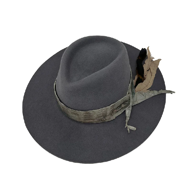 Grey Flat Brim Fedora with Grey Alligator